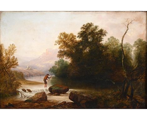 Henry William Banks Davis RA (1833-1914) - River Scene with an Angler, signed and dated 1858, with, on the reverse, contempor