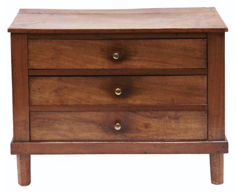 Miniature furniture. A French cherrywood commode, 19th c, each drawer with brass knob, 32cmm h; 19 x 42cm  Localised old worm
