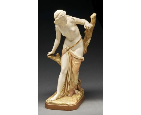 A Royal Worcester statuette of The Bather after the sculpture by Sir Thomas Brock, 1902, naked but for the gilt and blue edge