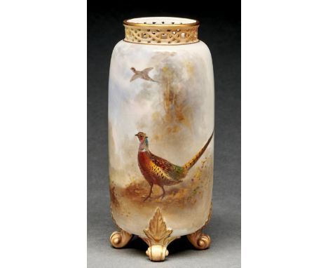 A Royal Worcester spill vase, 1903, with reticulated neck, painted by Jas Stinton, signed, with pheasants, on four apricot an