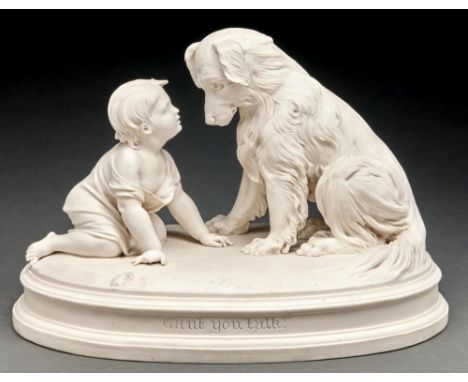 A Victorian Parian ware group of a child and dog, designed by R J Morris, late 19th c, on oval base, impressed with the title