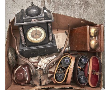 An early 20ths c walnut bell box, 24cm h,&nbsp; two pairs of binoculars, a Zeiss Icon&nbsp;camera,&nbsp; Kashmiri candlestick