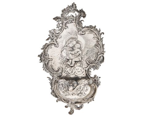 A German silver holy water stoup, cast and embossed in baroque style, 24cm h, by Friedrich Reusswig, Hanau, 1903-1926, 6ozs  