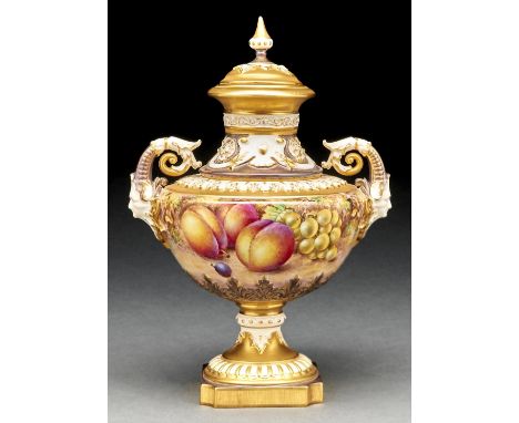 A Royal Worcester fruit painted vase and cover, c1970, by Freeman, signed, 28cm h, black printed mark, shape number 1572  Goo