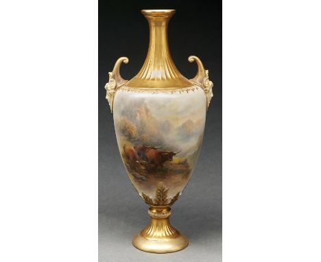 A Royal Worcester vase, 1926, painted by J Stinton, signed, with Highland cattle on a misty hillside,&nbsp; landscape to the 