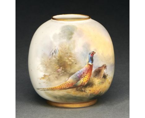 A Royal Worcester globular vase, 1934, painted by Jas Stinton, signed, with pheasants, the rims gilt, 75mm h, puce printed ma