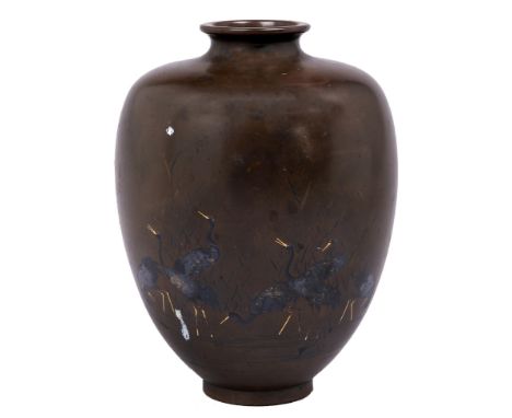 A Japanese inlaid bronze vase, Meiji period, shouldered oviform, decorated with cranes and bamboo, 17.5cm h  Dented, small sp