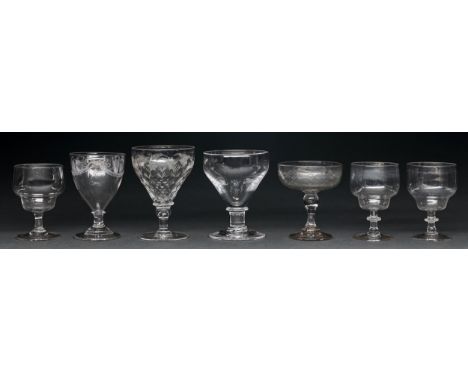 A regency glass rummer, c1810, engraved with festoons, 13cm h, two others, a set of three ogee bowl goblets and another glass