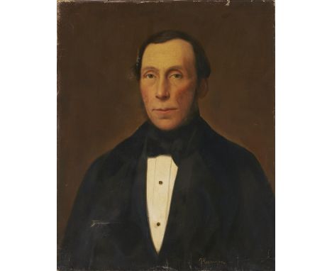 Naive artist, 19th century - Portrait of a Lady; Portrait of a Gentleman, the first in black dress with lace trimmed red coll