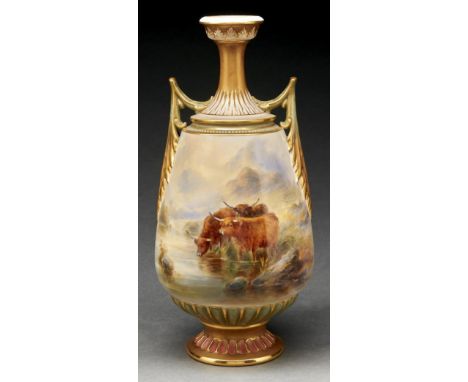 A Royal Worcester vase, 1909, painted by John Stinton, signed, with Highland cattle at a burn, a landscape to the reverse, gi