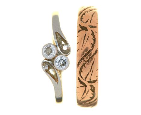 A diamond ring, in gold marked 18ct, 2.1g and a 9ct gold ring, Birmingham 1928, 2.2g, sizes M and S (2)  Both with light wear