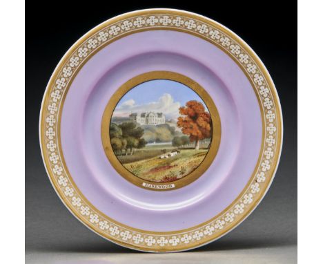 A Chamberlain-Worcester lilac ground plate, c1810-20, painted with a named view of HAREWOOD, 22cm diam, painted mark and titl