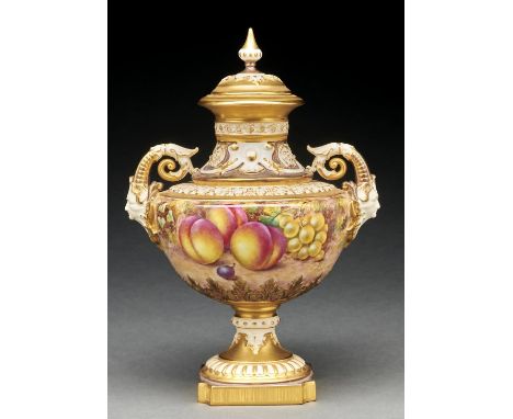 A Royal Worcester fruit painted vase and cover, c1970, continuously painted by Freeman, signed, 28cm h, black printed mark, s