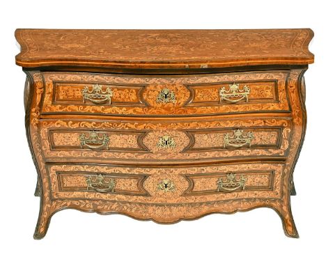 A Dutch walnut and marquetry bombe commode, c1780, decorated to the top with a fruit filled basket hanging from a bow and sur