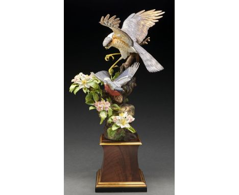 A Royal Worcester group of&nbsp; Sparrowhawk and&nbsp; Bullfinch designed by James Alder, introduced 1974, 46cm h, black prin