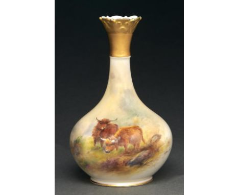 A Royal Worcester vase, 1916, painted by H Stinton, signed, with Highland cattle on a misty hillside, the neck gilt, 14cm h, 