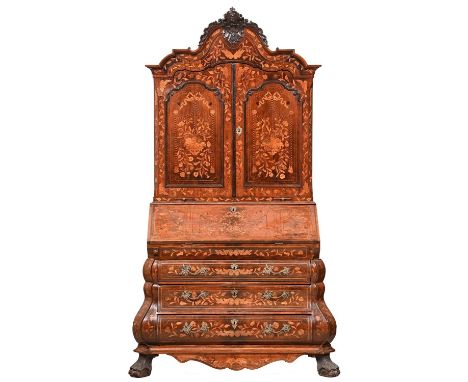 A Dutch walnut and marquetry bureau-cabinet, 19th c, with carved, arch centred pediment and leafy cresting, the interior with