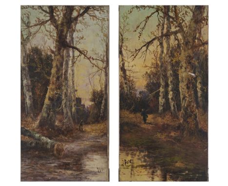 J. Fox (Fl. late 19th c) - Figure on a Path in a Birch Wood, a pair, both signed, oil on canvas, 60 x 30cm, unframed (2)  One