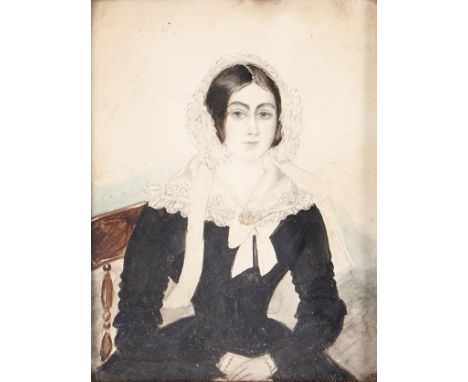 English Naive Artist, mid 19th c - Portrait Miniatures of a Lady; A Gentleman, pendants, half length seated, ink and watercol