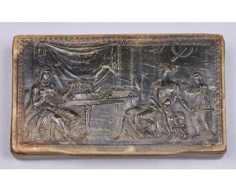 A French pressed horn snuff box, early 19th c, the lid with ladies in an interior and inscribed VOILA MES BIJOUX ET MES ORNEM