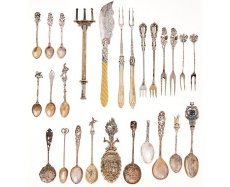 Miscellaneous Victorian and Continental small silver flatware, to include mother of pearl hafted pickle and other forks, bone