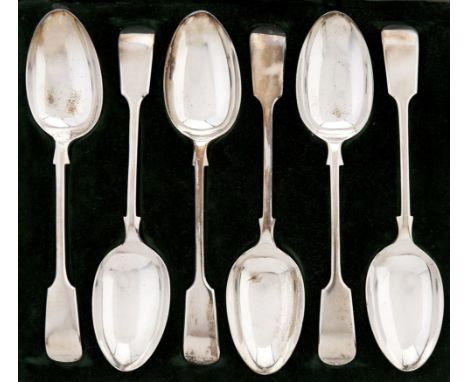 A set of six George V silver tablespoons, Fiddle pattern, by Mappin &amp; Webb Ltd, Sheffield 1910, cased, 15ozs 12dwts  Spoo