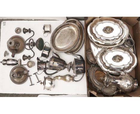 Miscellaneous plated ware, 19th c and later, to include chambersticks, Victorian coffee pot and others, EPNS tea caddy and pa