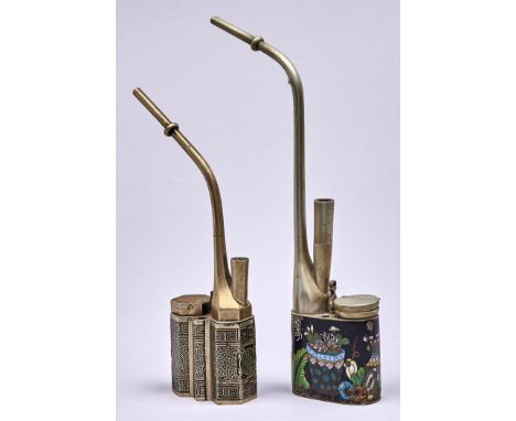 A nickel brass and Japanese cloisonne enamel opium pipe and a Chinese metal opium pipe, early 20th c, 24 and 29cm h  Enamel c