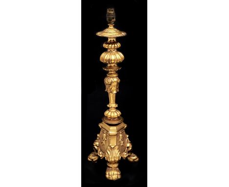 A gilt lacquered metal table lamp in the form of a renaissance three footed candlestick, 46cm h excluding lamp holder  Good c