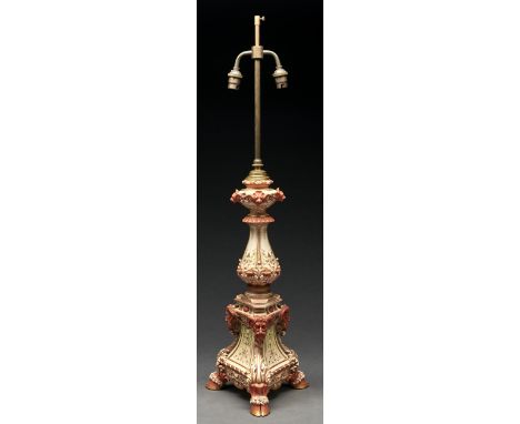 A Royal Worcester "Sower" lamp, 1893, in the form of a renaissance alter candlestick, in stained and gilt ivory and coral, 49