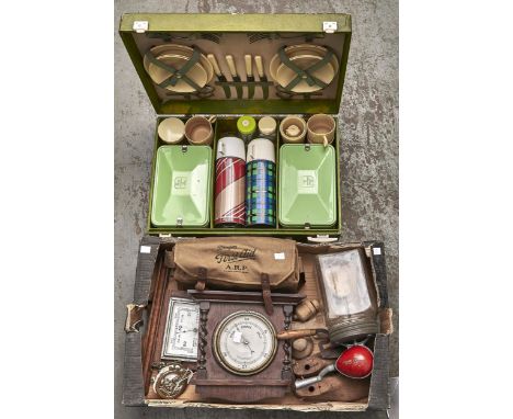 A 1950s green plastic covered picnic case,&nbsp; shoe lasts, butter pats, first aid kit, churn, barometers, etc  