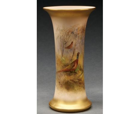 A Royal Worcester spill vase, 1924, painted by Jas Sinton, signed, with pheasants by a waterfall, 19.5cm h, green printed mar