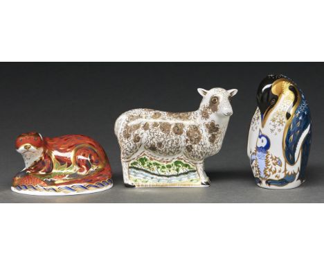 Jacob sheep. A Royal Crown Derby paperweight, 11cm h, printed mark, gilt stopper and two others - otter and penguin, printed 