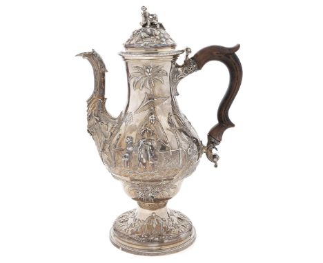 A George III chinoiserie silver coffee pot, of ogee form, chased to either side with figures of a woman and child with a para