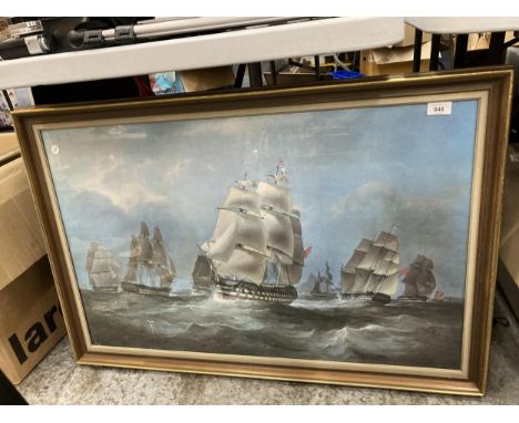 A LARGE PRINT OF ROYAL NAVY WAR SHIPS, 95CM X 64CM 