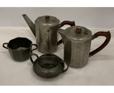 FOUR VINTAGE TUDRIC PEWTER ITEMS - TWO COFFEE POTS AND TWO SUGAR BOWLS, NO. 01650 