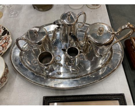 A VINTAGE SILVER PLATED TEA SET AND TRAY 