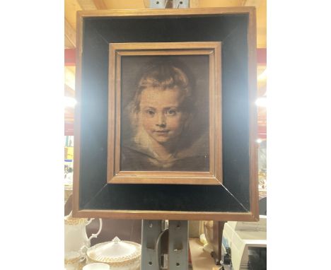 A WOODEN FRAMED OLEOGRAPH PRINT OF A YOUNG GIRL 