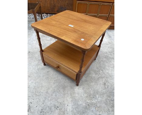 A NATHAN RETRO TEAK AND CROSSBANDED TWO TIER LAMP TABLE WITH SINGLE DRAWERS, 20" SQUARE 