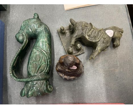 A JADE STYLE HORSE, A/F, HORSE'S HEAD AND BUDDAH 