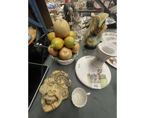 A QUANTITY OF CERAMICS TO INCLUDE A FRUIT BOWL WITH FRUIT, ROYAL WINTON FISH JUG, A WADE VASE, CONTINENTAL FIGURE, ETC 