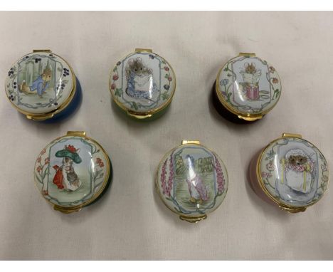 A GROUP OF SIX ROYAL DOULTON ENAMEL BEATRIX POTTER PILL BOXES 