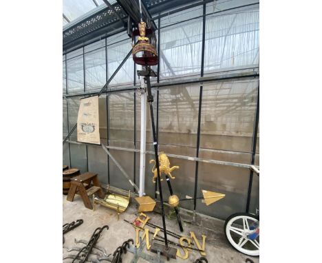A HANDMADE BRASS AND COPPER WEATHER VANE, LETTERS AND POLE ARE BRASS, THE CROWN AND THE LION ARE COPPER 