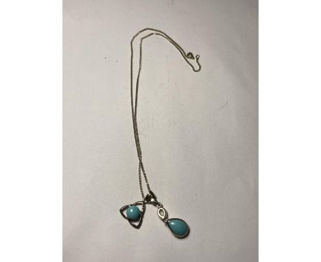 A MARKED SILVER CHAIN (NO CLASP) AND TWO SILVER AND TURQUOISE STONE PENDANTS 