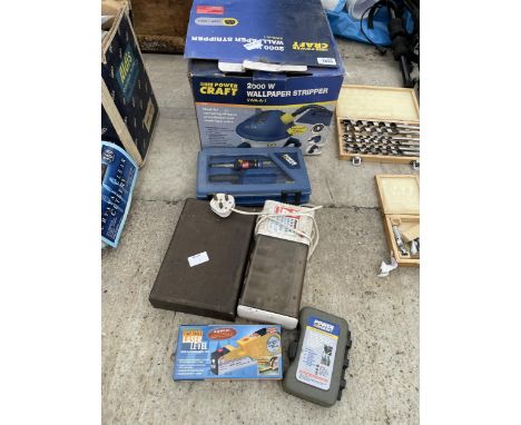 AN ASSORTMENT OF TOOLS TO INCLUDE A POWER CRAFT WALLPAPER STRIPPER AND A POWER CRAFT DREMMEL DRILL ETC 