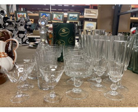 A COLLECTION OF GLASSES TO INCLUDE TYRONE CRYSTAL BOXED DECANTER ETC 