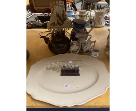 A LARGE MEAT PLATTER, TABLE LAMP, TEAPOT, JUGS AND A SHIP IN A BOTTLE 