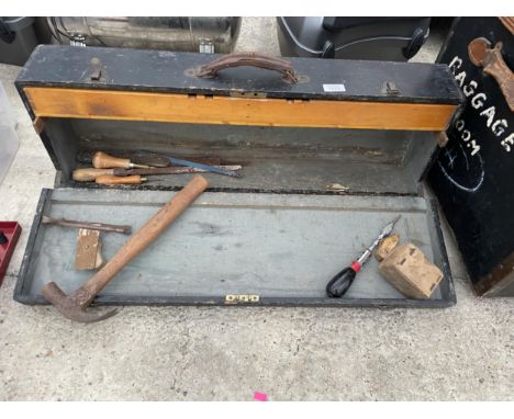A VINTAGE WOODEN JOINERS CHEST WITH AN ASSORTMENT OF TOOLS TO INCLUDE G CLAMPS AND FILES ETC 