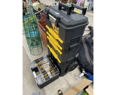 AN AS NEW WHEELED STANLEY TOOL BOX AND A WORKZONE SCREW BOX WITH SCREWS ETC 