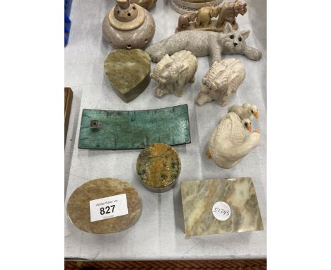 A COLLECTION OF STONEWARE ITEMS TO INCLUDE ELEPHANTS, CATS, TRINKET DISHES, LIDDED POTS, ETC 